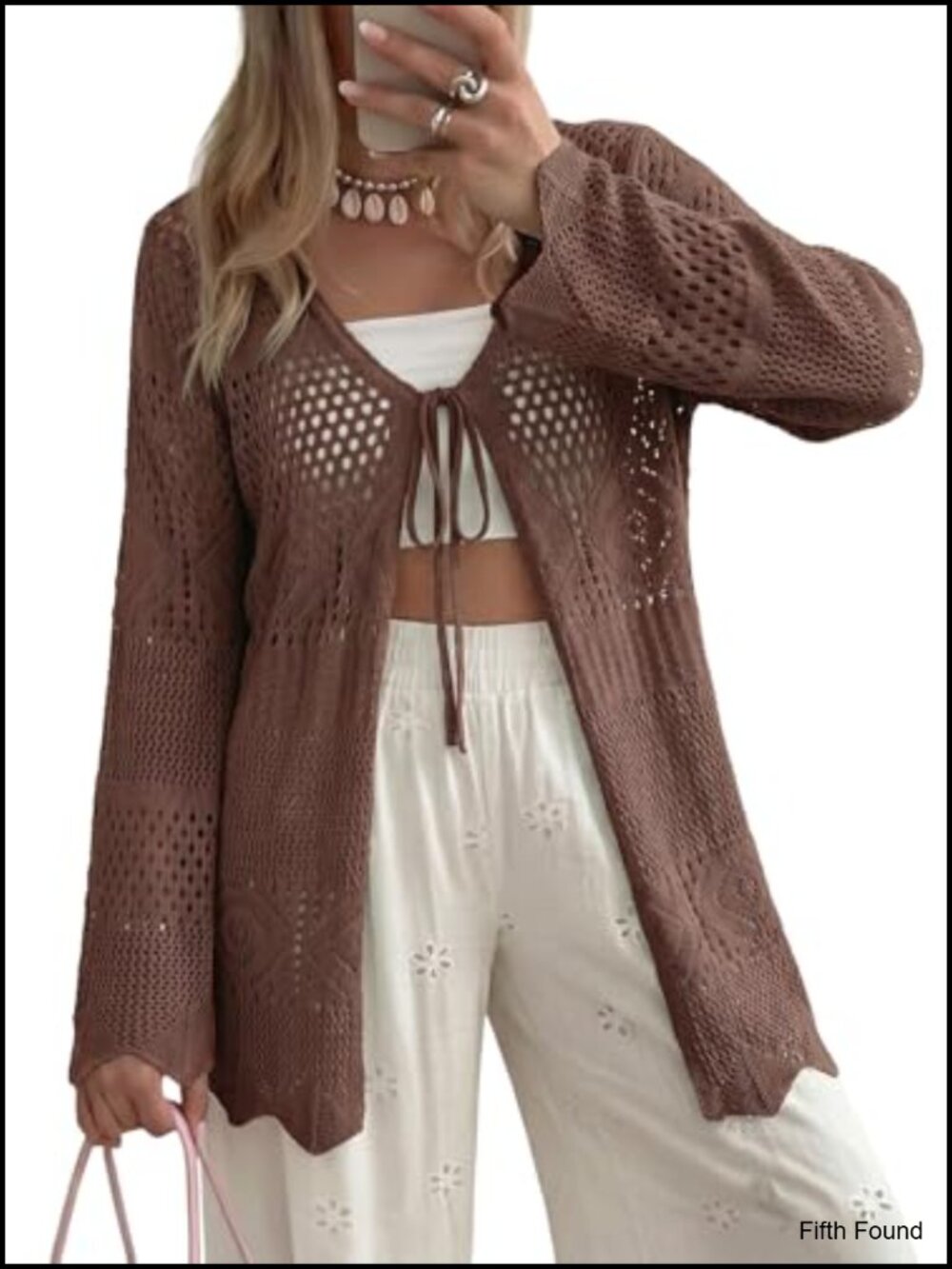 Crochet Cardigan Long Sleeve Tie Front Hollow Out Knit Summer Beach Coverup - Picture 1 of 6